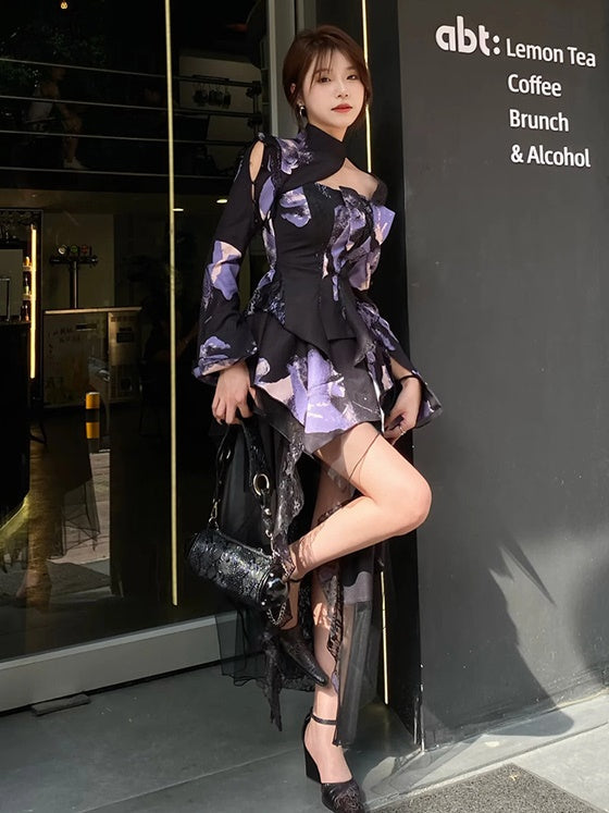 Modern Print Hollow Slim Waist Top & Fishtail Drape Skirt Set-up