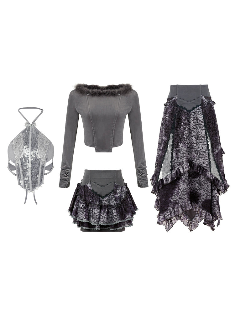 Fur Collar Top & Halter-neck Vest & Cut Lace Skirt