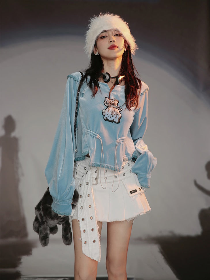 Loose Velvet Beaded Cat Top