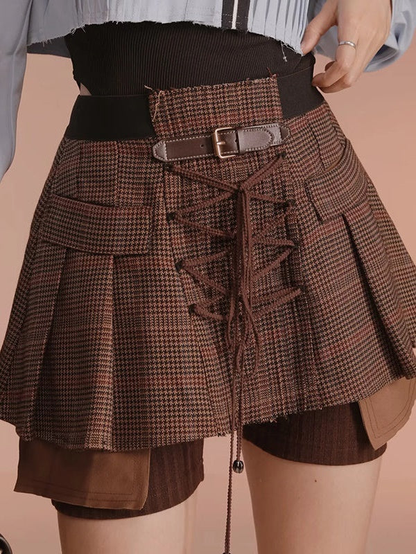 Plaid Fake Two Check Skirt Pants