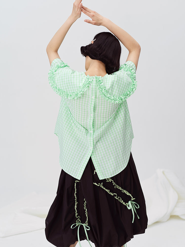 Plaid Doll Collar Short-Sleeved Shirt
