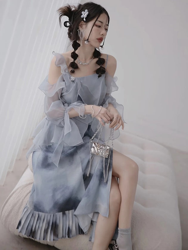 Oil Painting Print Dress with Detachable Sleeves