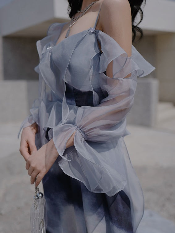 Oil Painting Print Dress with Detachable Sleeves