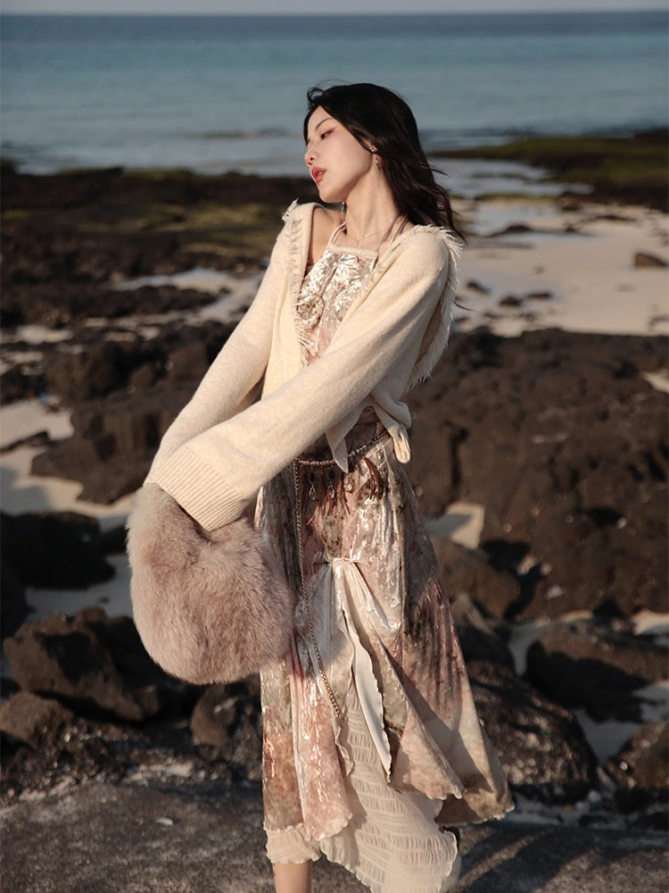 Velvet Print Halter-neck Vest & Layered Design Skirt & Chain Belt & Knitted Hooded Cardigan