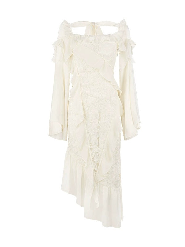Asymmetry Ruffle Fairy Embroidered Fishtail Dress