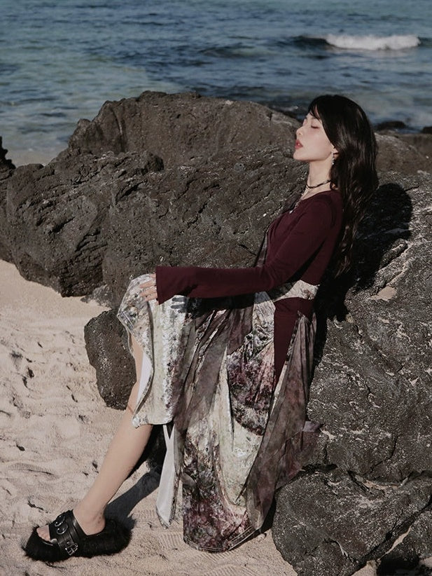 One-Shoulder Switching Forest Dress & Velvet Cape