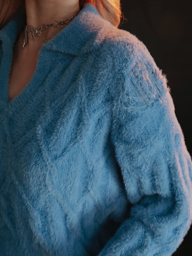 Polo Neck Damage Style Short Sweater