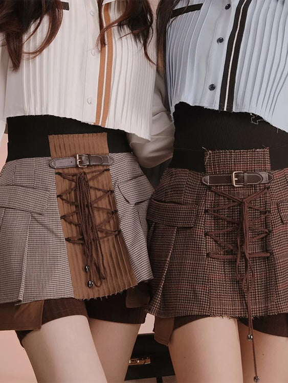 Plaid Fake Two Check Skirt Pants