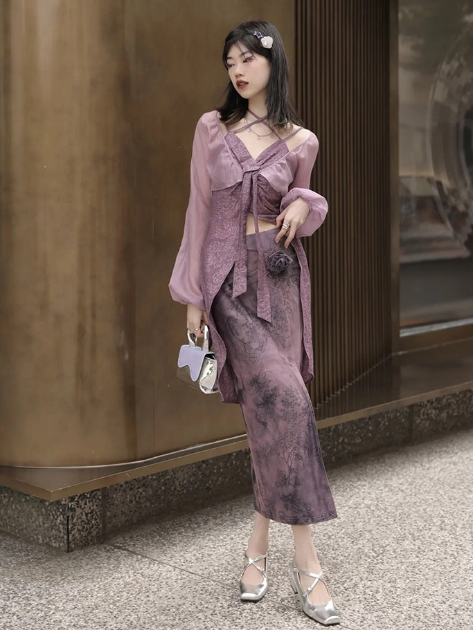 Sheer Short Top & Sling Set & Printed Skirt