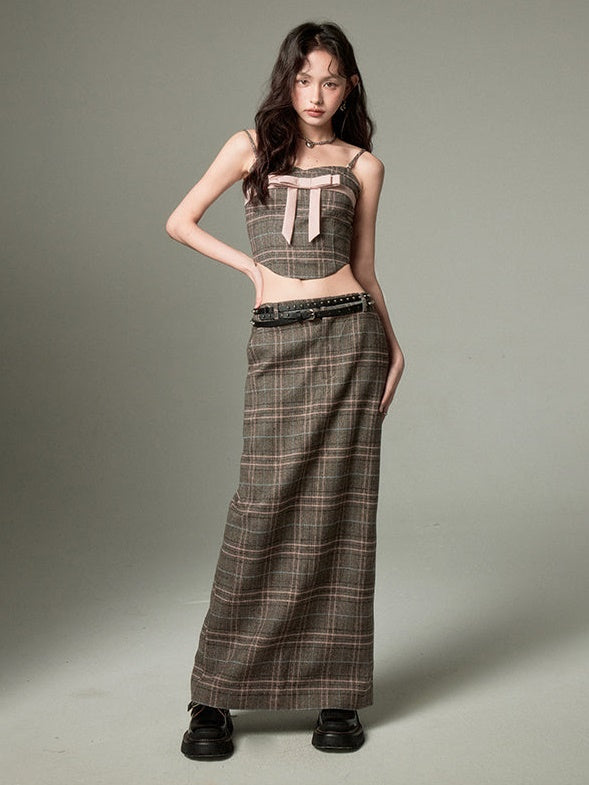 Plaid Bow Cropped Camisole & Long Skirt