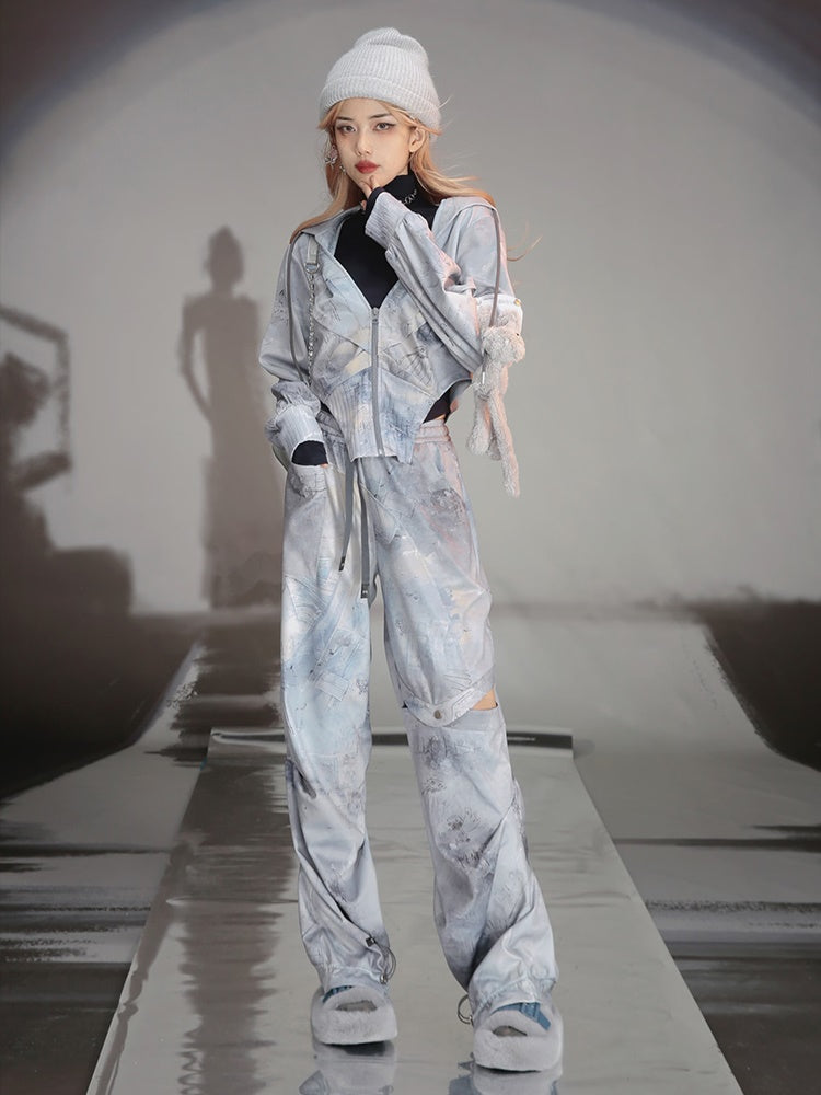 Graffiti Print Parka & Camisole Set & Cutout Pants & Slit Skirt