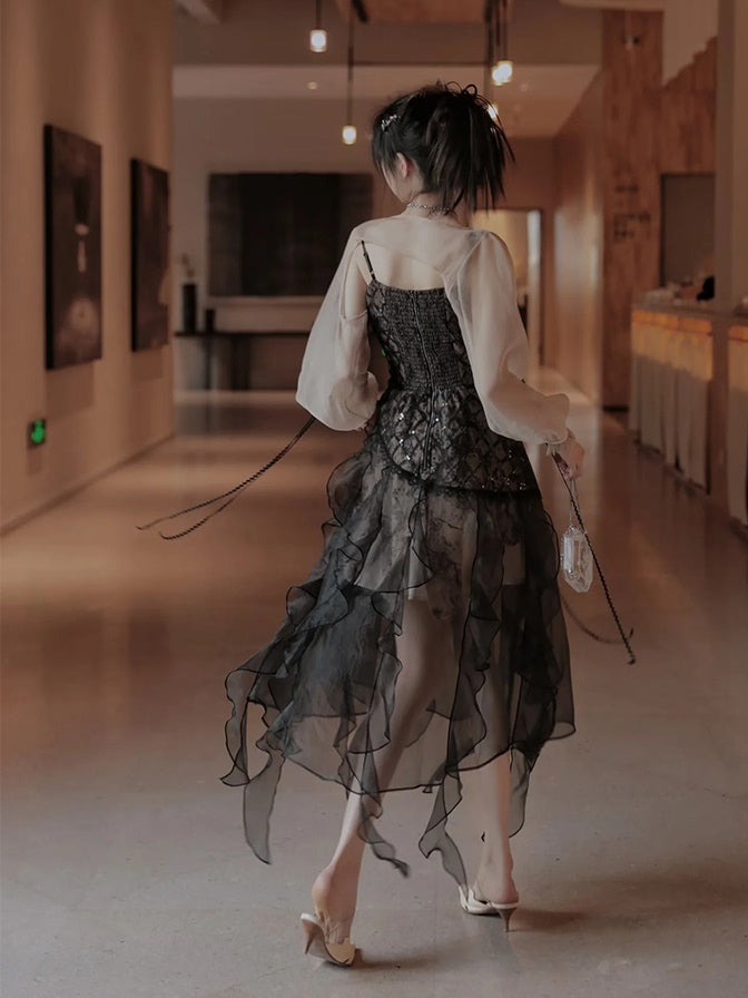 Irregular Frill Stitch Lace Sheer Sling Dress