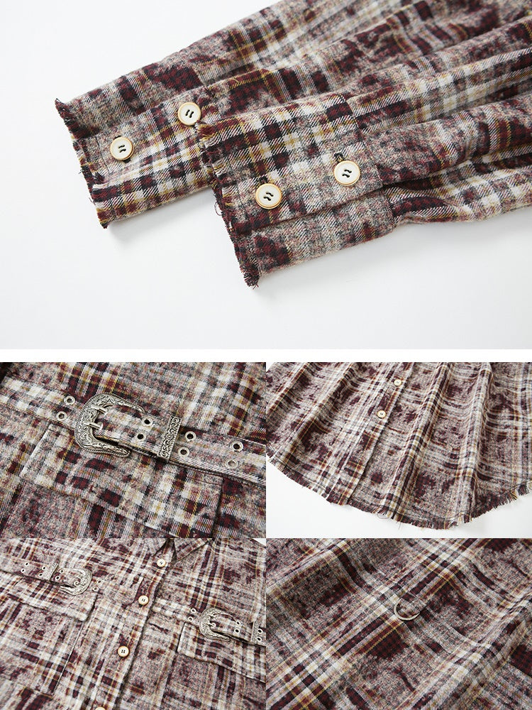 Plaid Loose Long Sleeve Shirt & Pleated Skirt