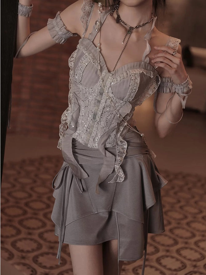 Lace Spangle Stitch Camisole Top & Irregular Hem Culottes