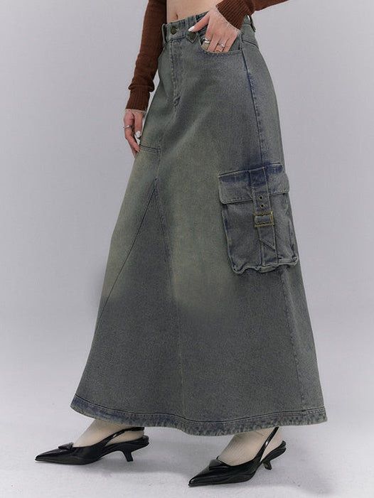 Washed Old Denim A-Line Long Skirt
