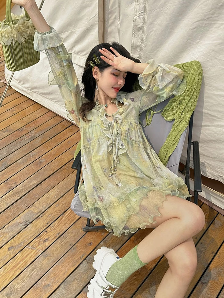Oil Painting Printing Fishtail Dress & Top & Set-up