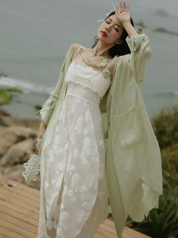 Jacquard Slip Bud Dress & Sheer Cardigan & Accessory