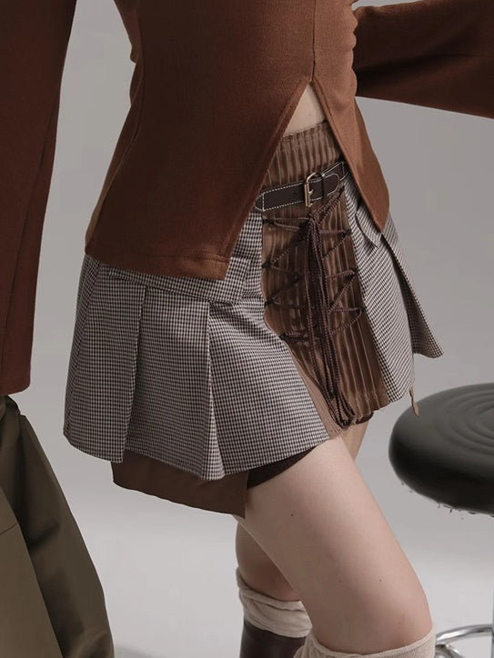 Plaid Fake Two Check Skirt Pants