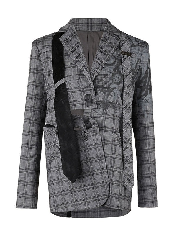 Graffiti Printed Plaid Loose Jacket & Pleated Culottes & Vest & Belt