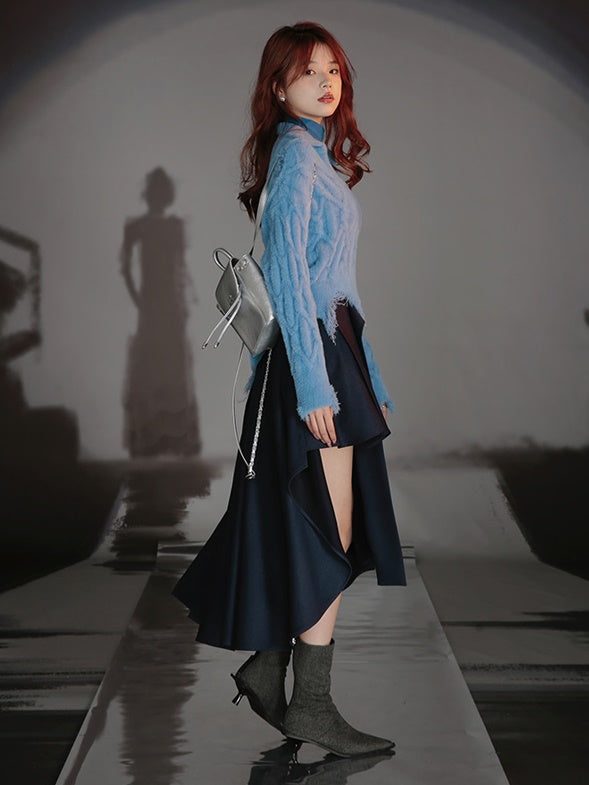 Polo Neck Damage Style Short Sweater