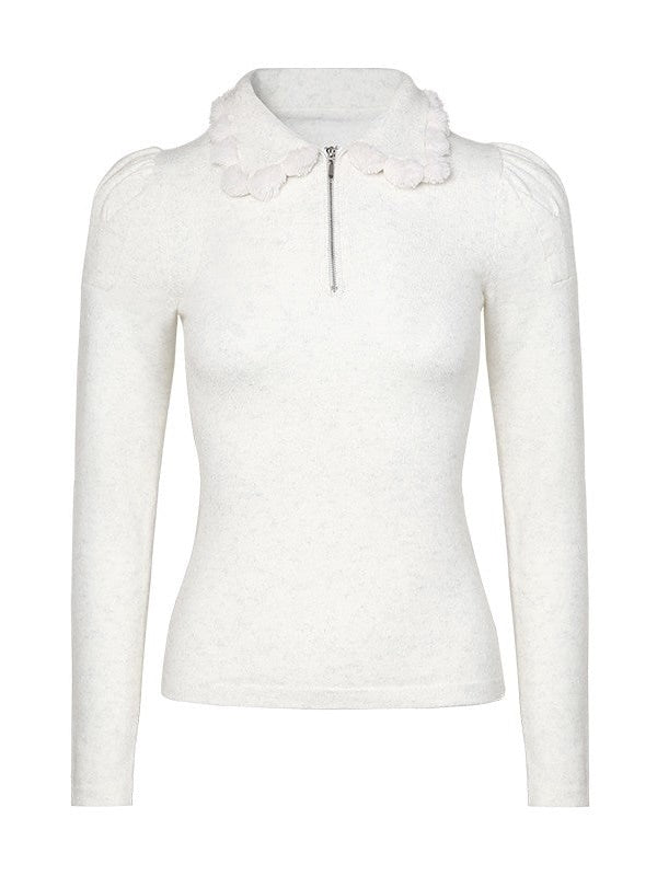 Knitted Fur Ball Collar Shirt