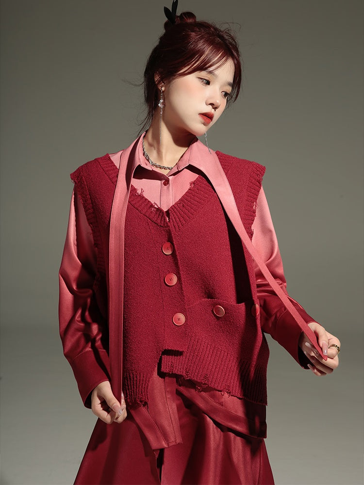Gradation Detachable 2way Shirt Dress & Knitted Vest