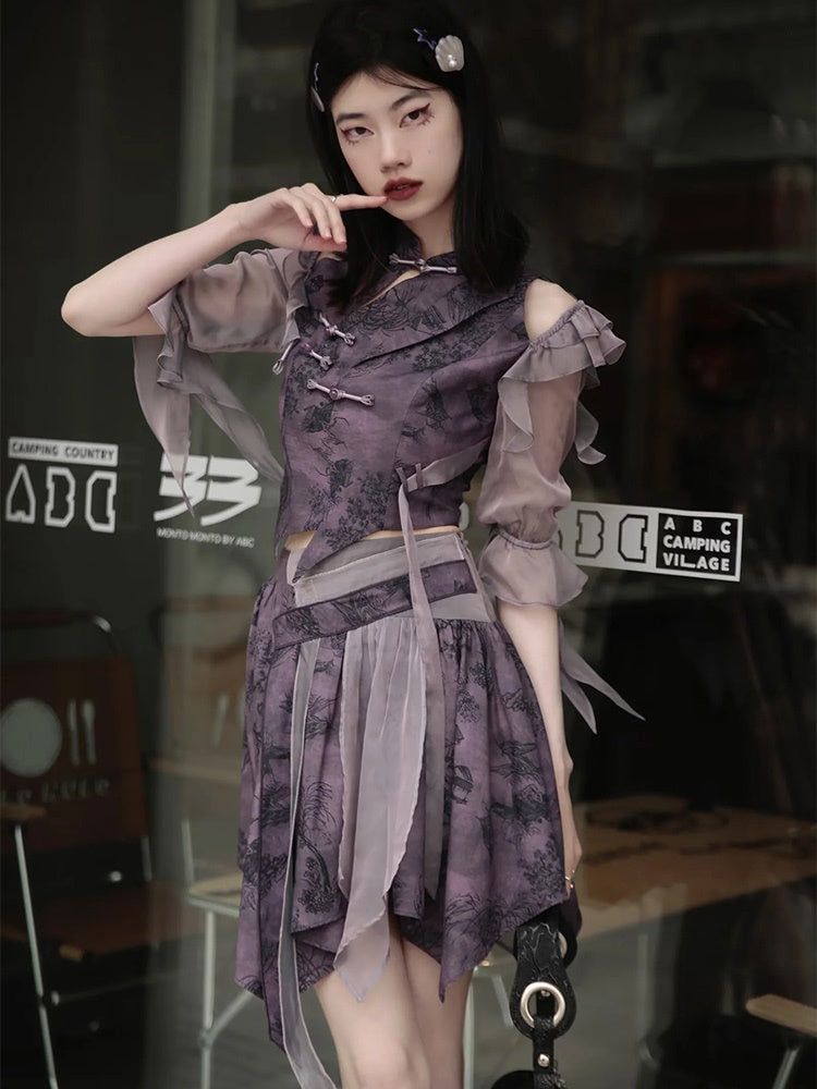 Chinese Style Short Top & Irregular Hem Skirt & Camisole & Cropped Sheer Cardigan