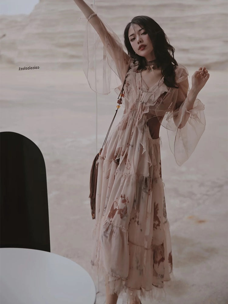 Exotic Print Set-up & Sling Dress & Culottes & Sheer Shirt