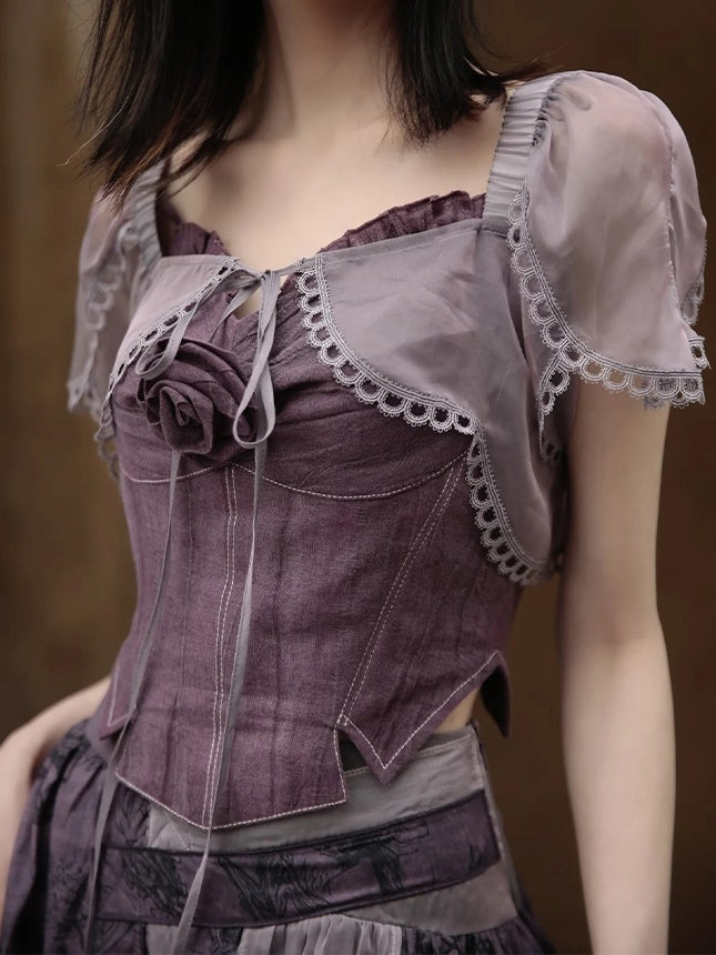 Chinese Style Short Top & Irregular Hem Skirt & Camisole & Cropped Sheer Cardigan