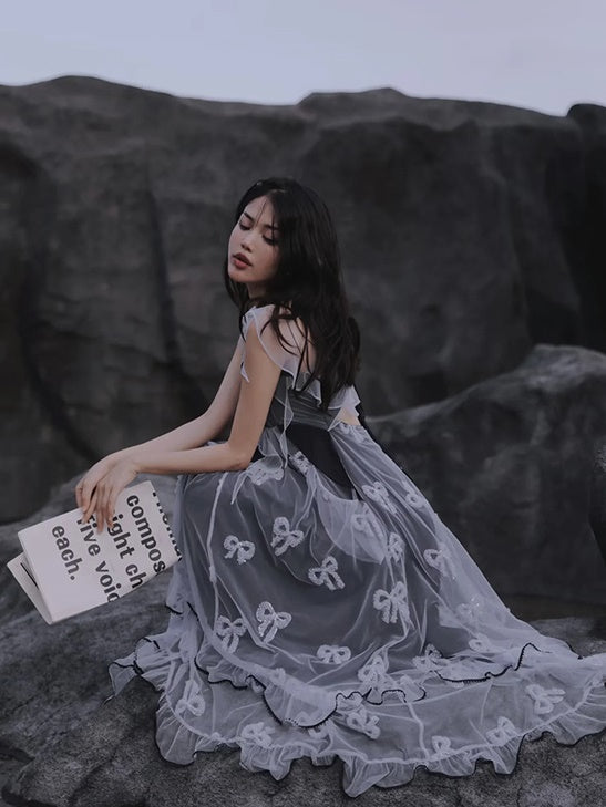 Butterfly Embroidered Ribbon Fake Two-Piece Dress & Cardigan