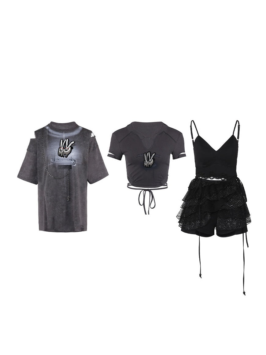 Bunny Length T-Shirt & Black Lace Set-up