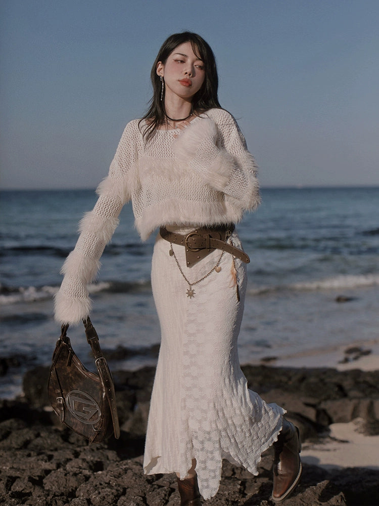 Fairy Style Mermaid Slip Dress & Asymmetry Lace Top & Belt