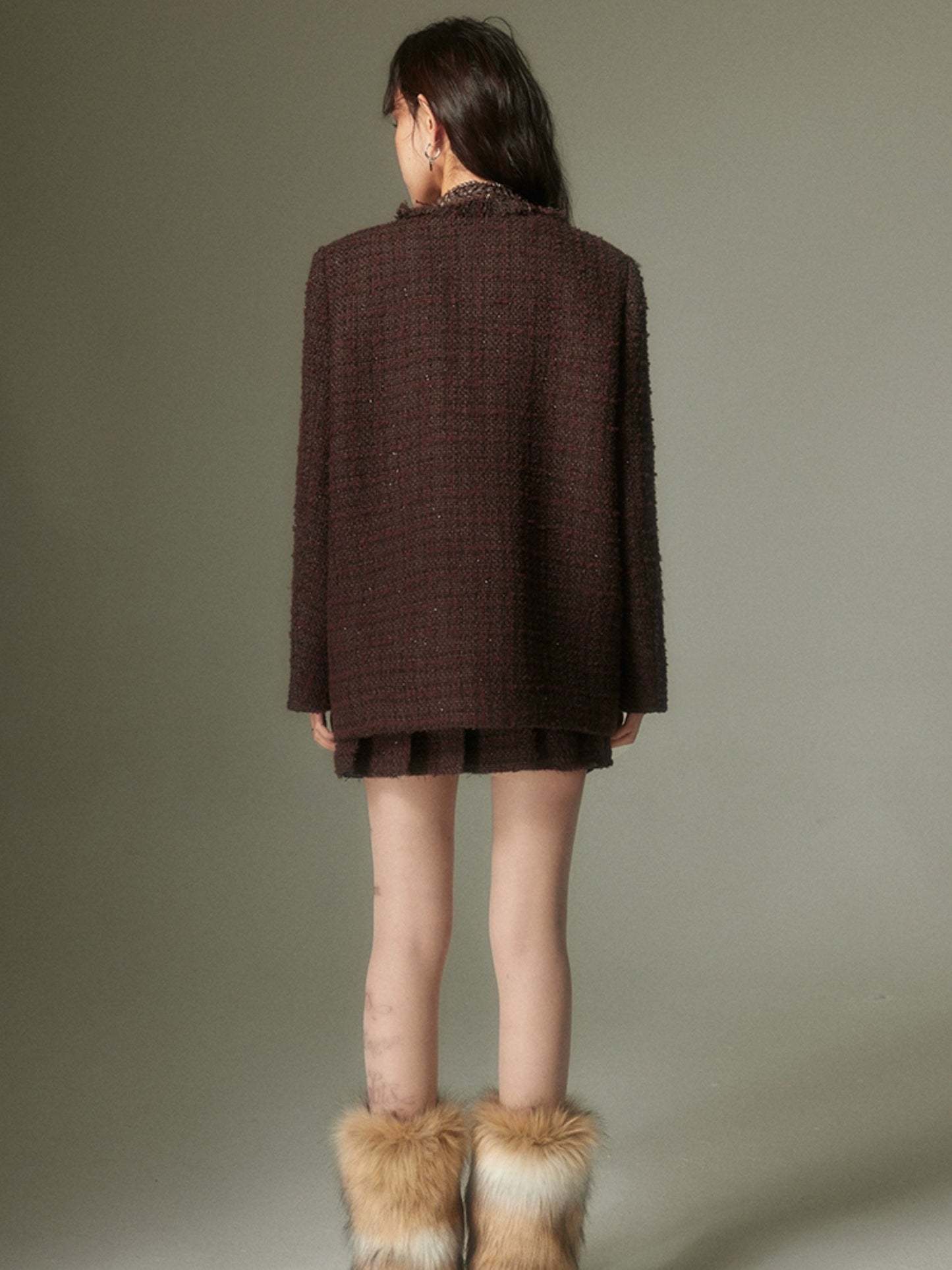 Rivet Glitter Tweed No-Collar Jacket & Pleated Skirt