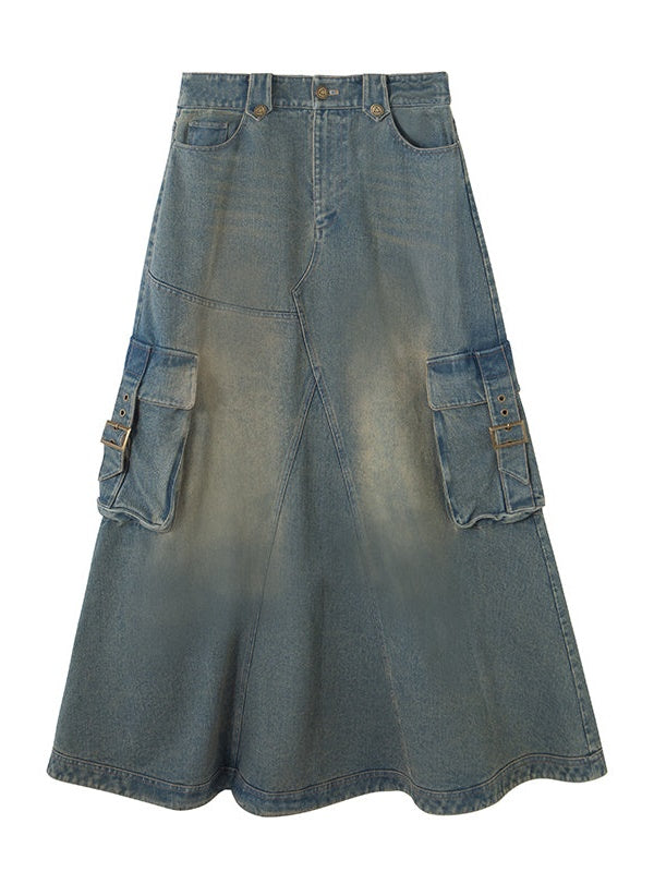 Washed Old Denim A-Line Long Skirt