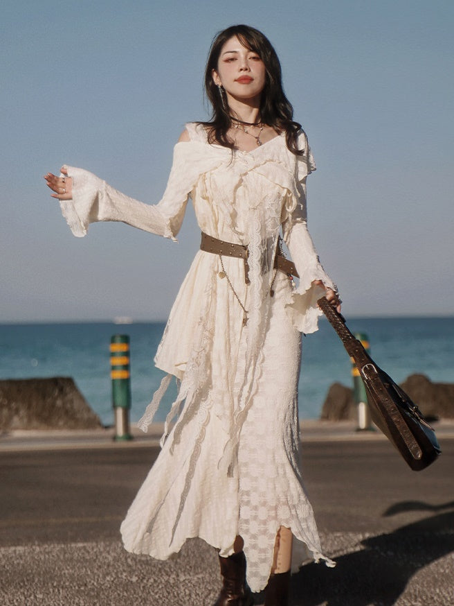 Fairy Style Mermaid Slip Dress & Asymmetry Lace Top & Belt