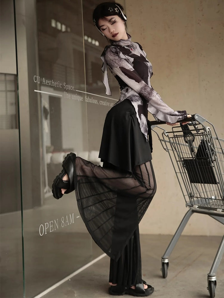 See-through Flared Skirt Pants