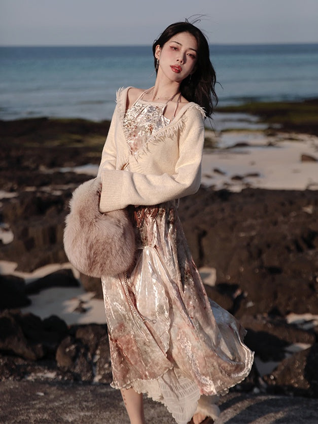 Velvet Print Halter-neck Vest & Layered Design Skirt & Chain Belt & Knitted Hooded Cardigan