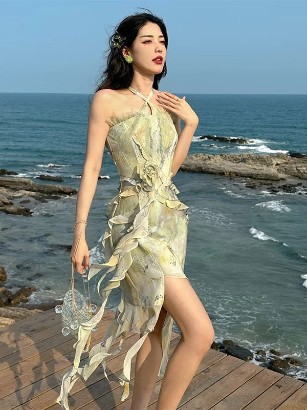Oil Painting Printing Fishtail Dress & Top & Set-up