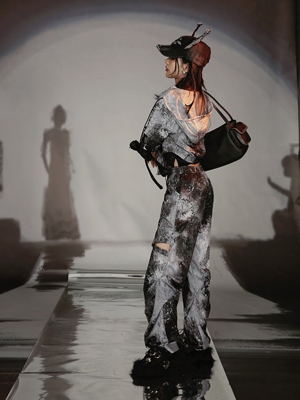 Graffiti Print Parka & Camisole Set & Cutout Pants & Slit Skirt
