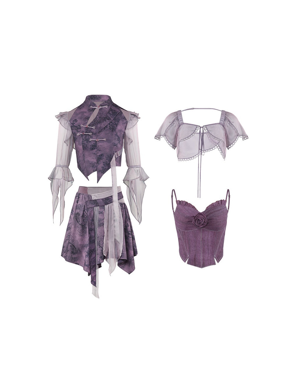 Chinese Style Short Top & Irregular Hem Skirt & Camisole & Cropped Sheer Cardigan