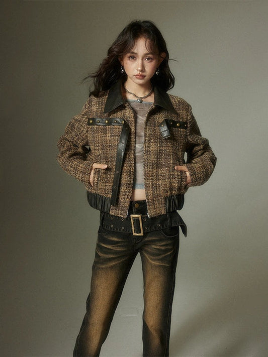 Plaid Splicing Leather Small Fragrant Style Jacket