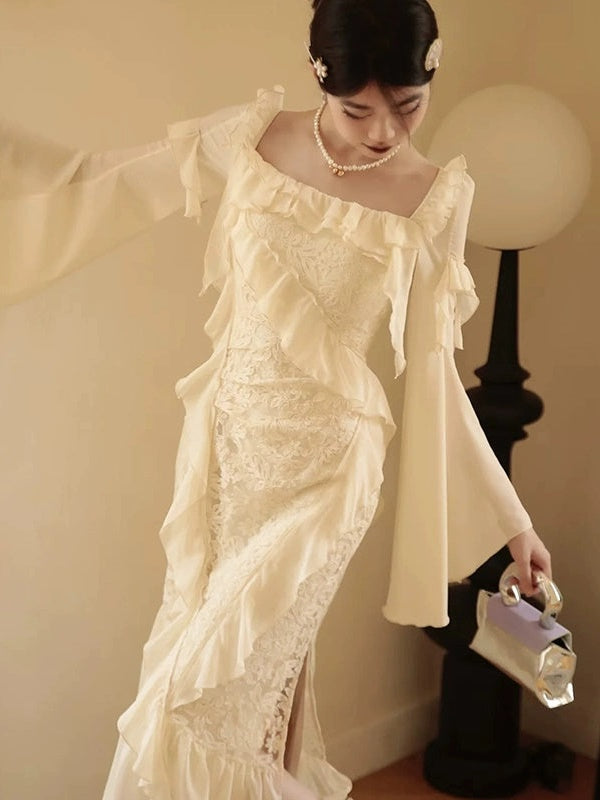Asymmetry Ruffle Fairy Embroidered Fishtail Dress