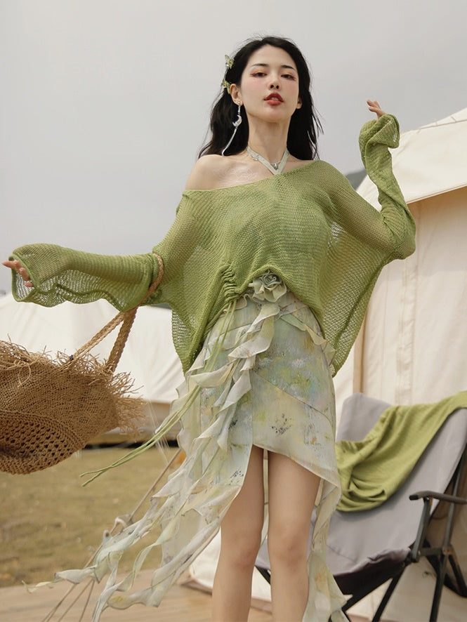 Oil Painting Printing Fishtail Dress & Top & Set-up