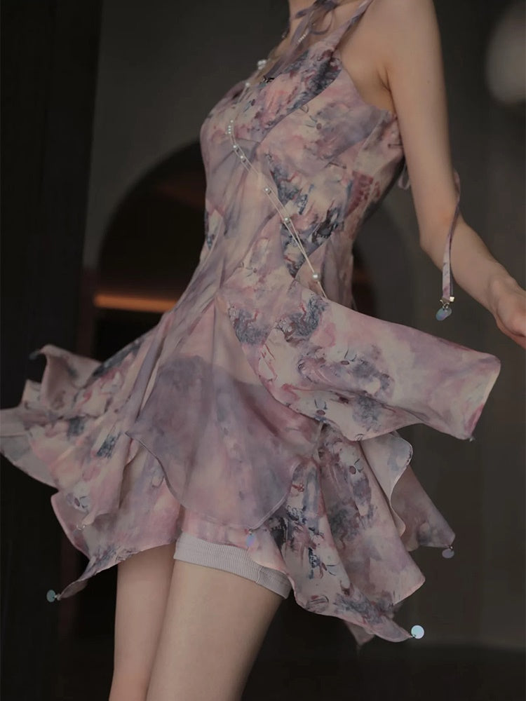 Oil Painting Printed Suspender Dress & Mesh Pleat Dress & Shirt Cardigan