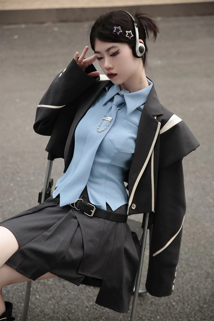 Plaid Wide Shoulder Jacket & Pleated Skirt Pants