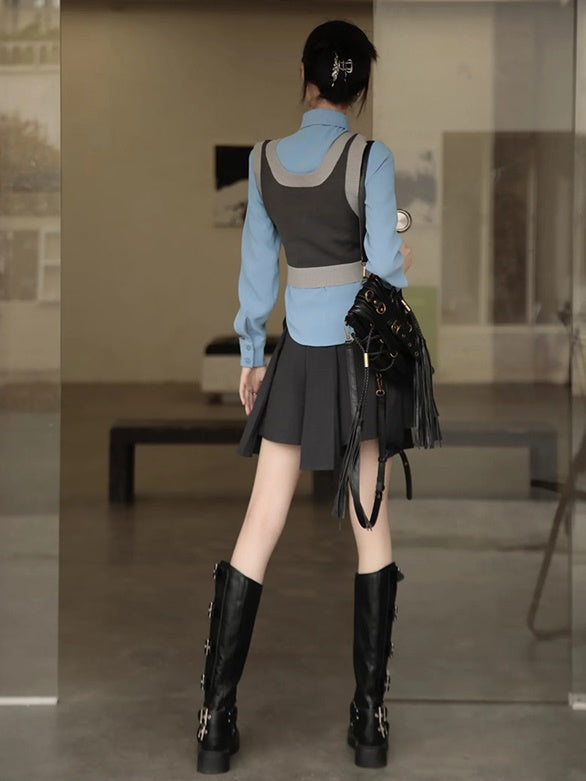 College Style Versatile Vest & Shirt With Tie