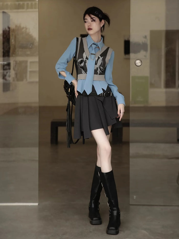 College Style Versatile Vest & Shirt With Tie