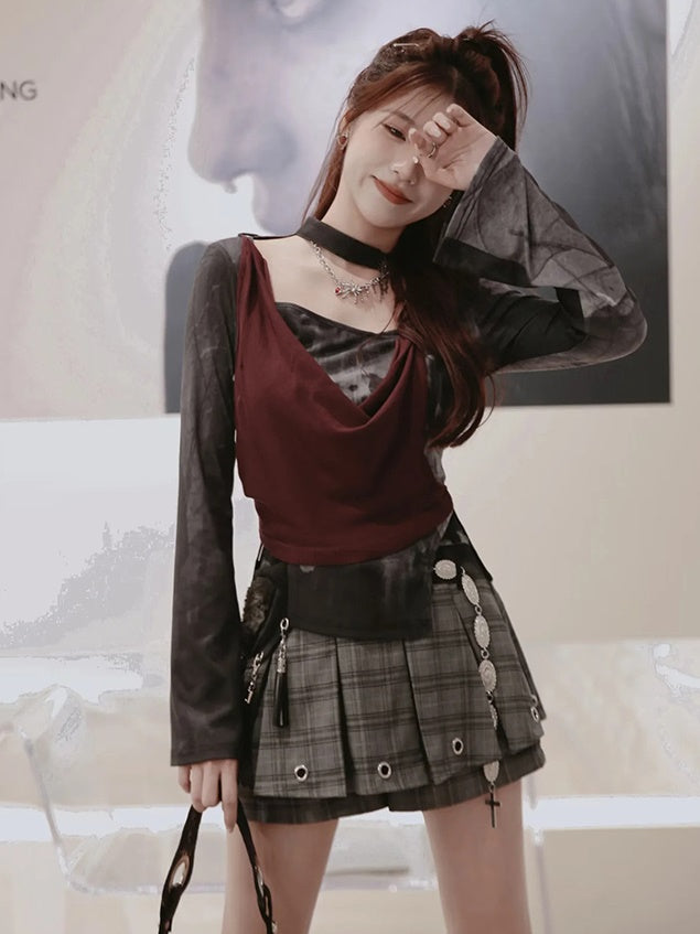Punk Style Layered Design Top & Butterfly Mermaid Skirt