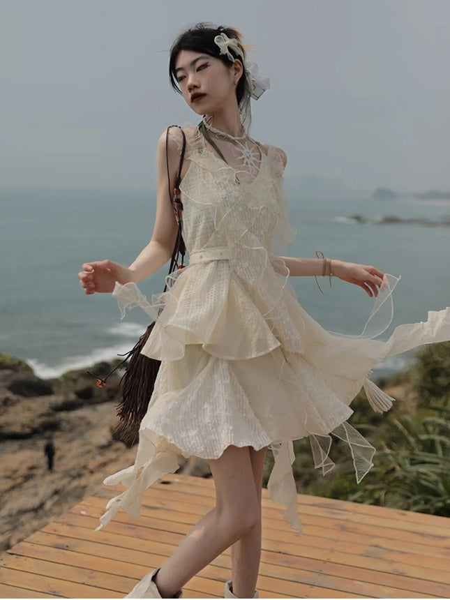 Frill Stitch Sleeveless Top & Irregular Flare Skirt