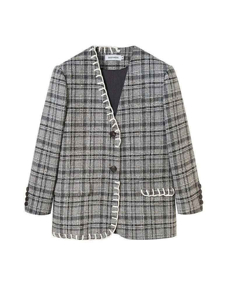 Woven Plaid No-Collar Jacket & Vest & Pleated Skirt